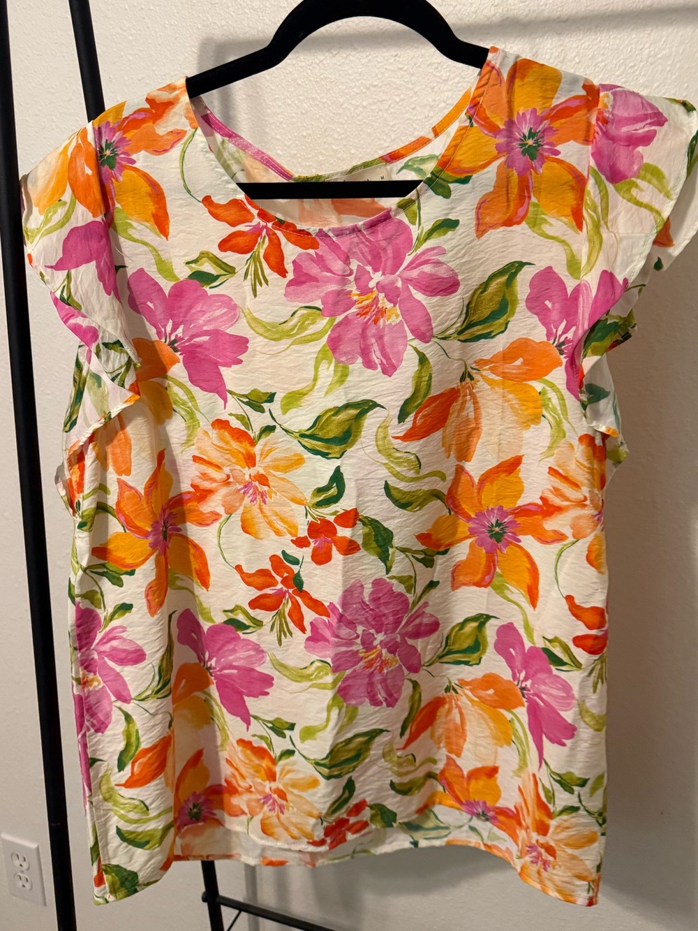 Floral Cap-Sleeve Blouse in Pink & Orange
